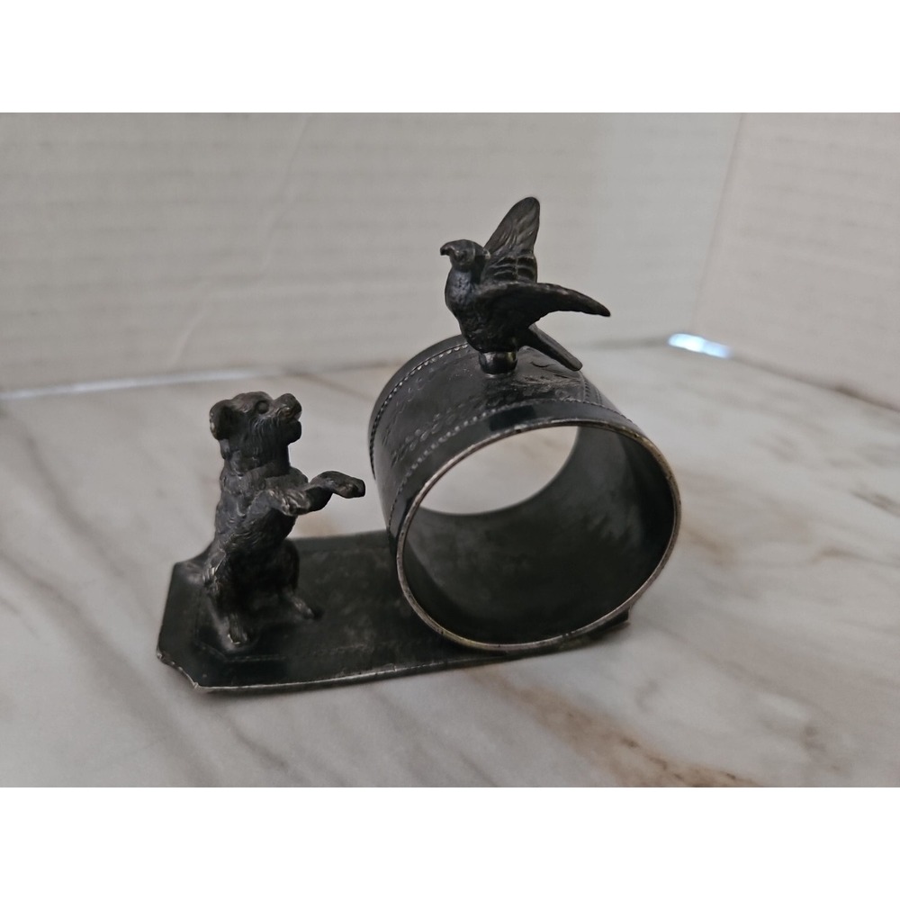 Victorian‎ Silver Plated Figural Napkin Ring w/Dog & Bird - Inscribed Mattie